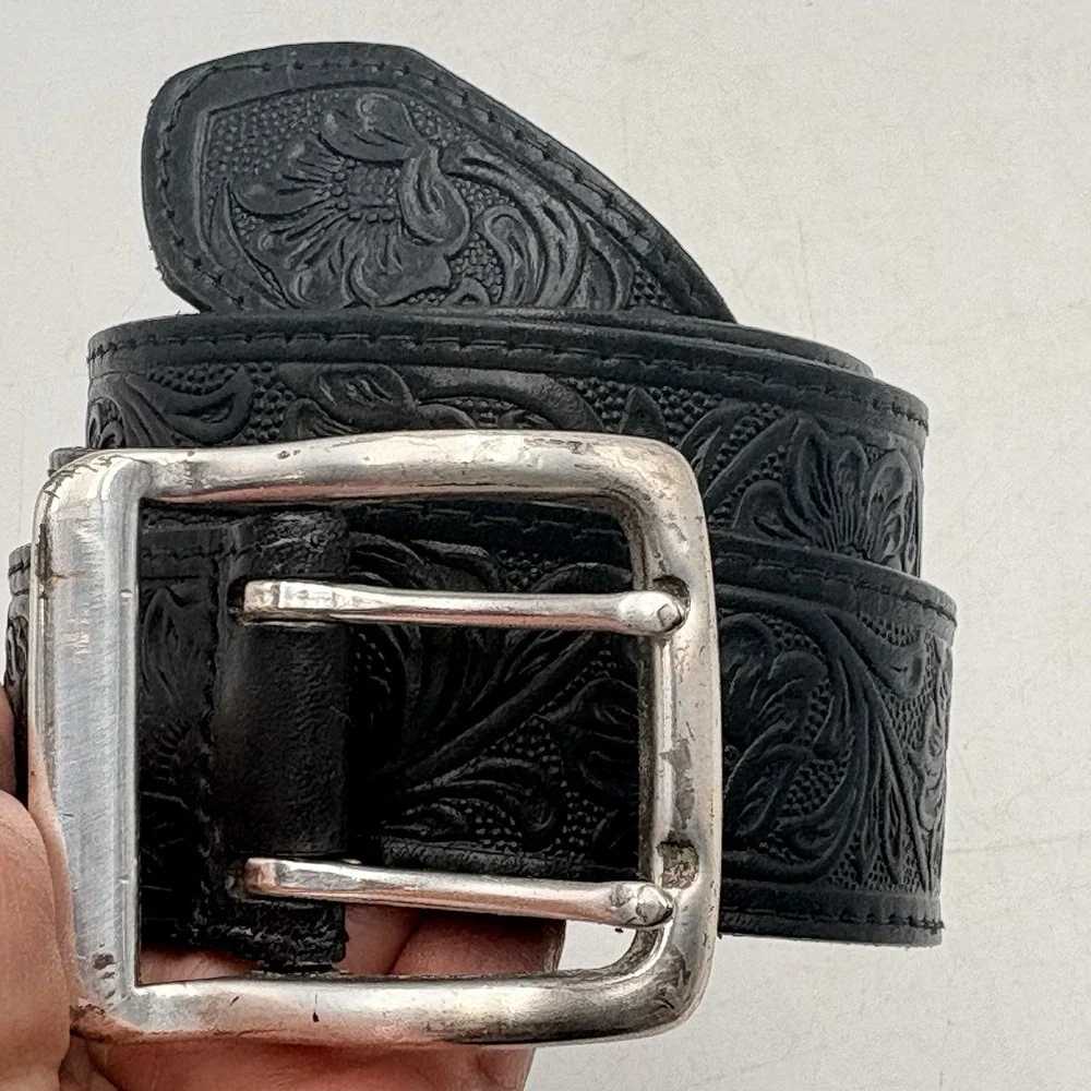 Vintage Eddie Bauer Black Tooled Leather Belt Floral Western USA XL 38 40 42